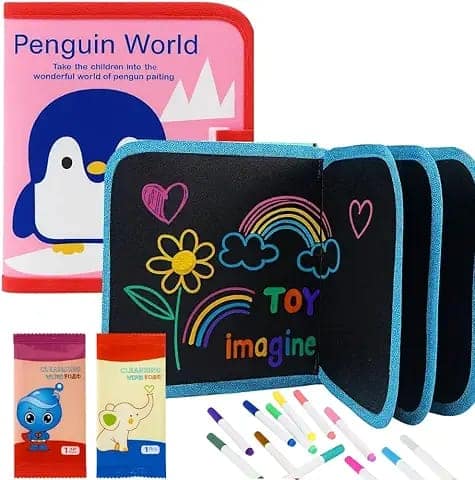 Toy Imagine 14 Pages Erasable Doodle Book with Markers & Wet Wipes Reusable Drawing & Coloring Pad|Magic Water Slate Activity Kit for Boys & Girls|Travel Sketching & Painting Book Multicolor view 2