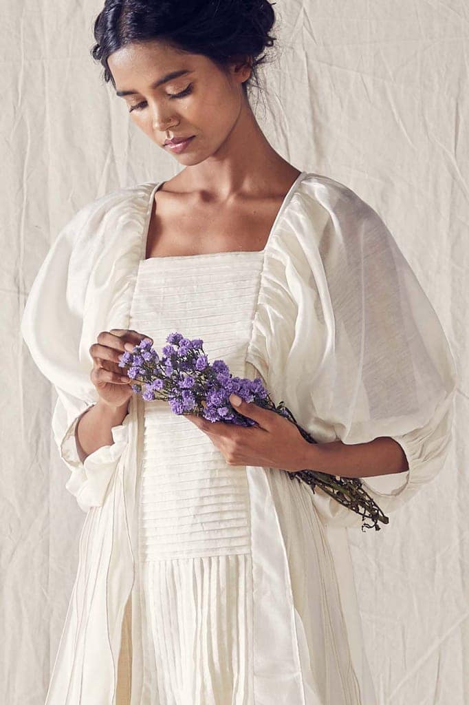 Ivory Balloon Sleeve Dress In Cotton Silk Chanderi And Off White Checks Cotton Khadi Mulmul view 4