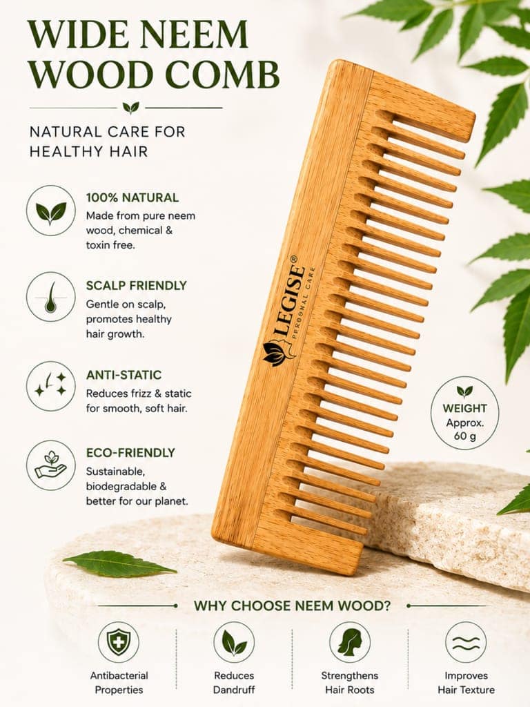 LEGISE Neem Wood Wide Tooth Comb for Hair & Scalp Care | Anti-Bacterial Wooden Comb | For Men & Women view 3