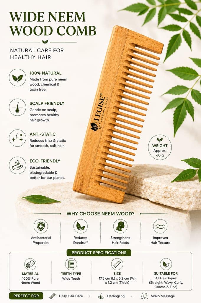 LEGISE Neem Wood Wide Tooth Comb for Hair & Scalp Care | Anti-Bacterial Wooden Comb | For Men & Women view 4