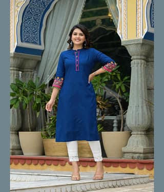 Juniper Rayon Embroidered Straight Women's Kurti - Blue ( Pack of 1 )
