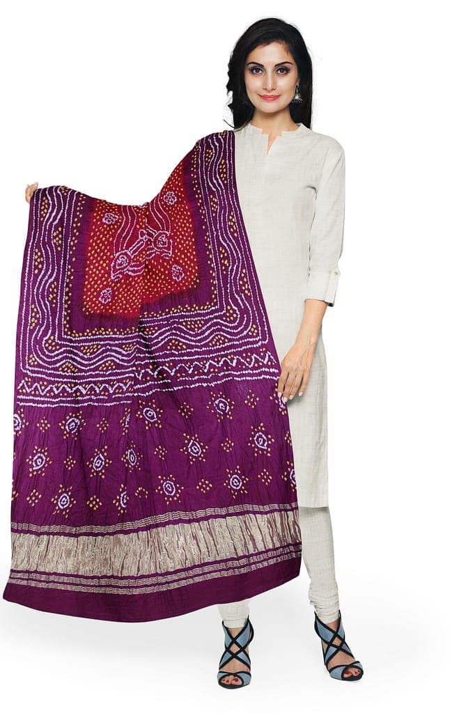 Garvi Gurjari (A Gujarat Govt Enterprise Purple and Dark Magenta Handwoven Gaji Silk Bandhani Dupatta(GGCGBD14)