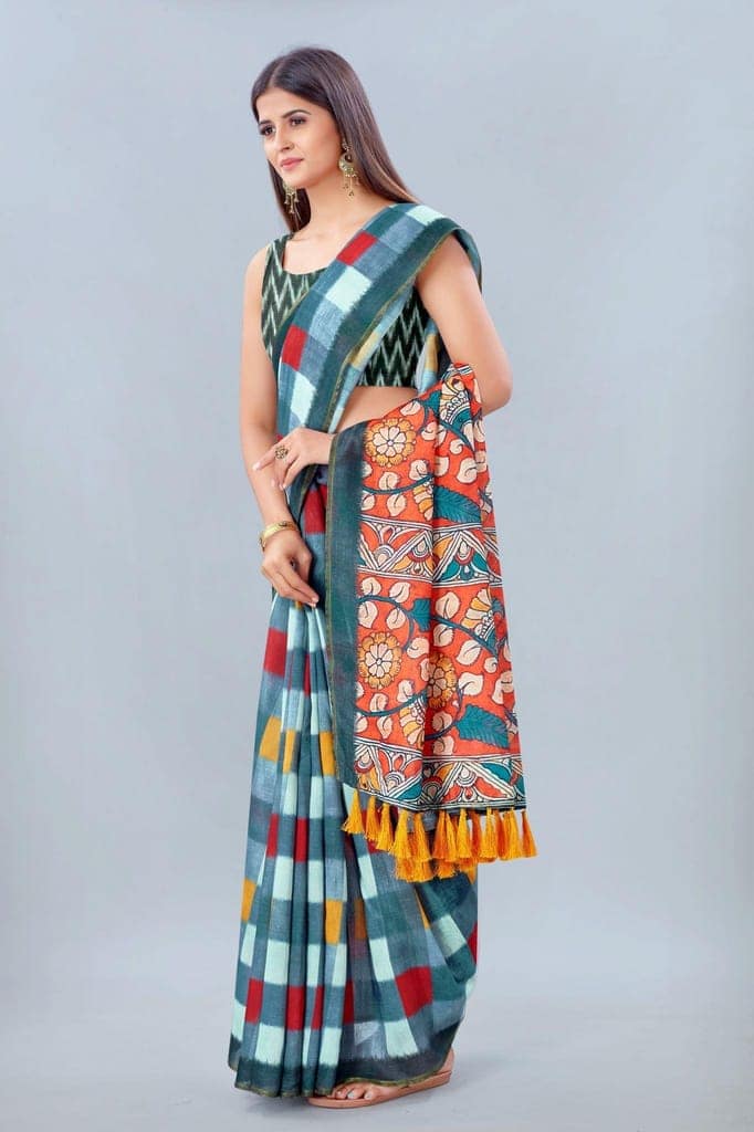 Women's Pure Cotton Checks Digital Print Multicolor Saree view 2