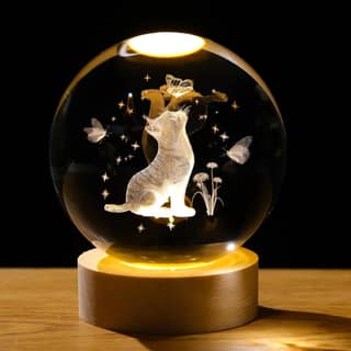 Arikyrist 3D Crystal Cat Figurine With Wooden LED Light Base, 80Mm Crystal Ball Decor, Laser Engraved Glass Sphere Gifts for Cat Lovers