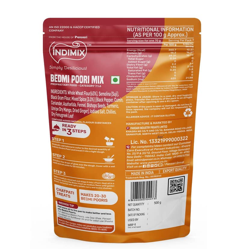 Indimix Ready to Cook Bedmi Poori Mix - 500gm view 2