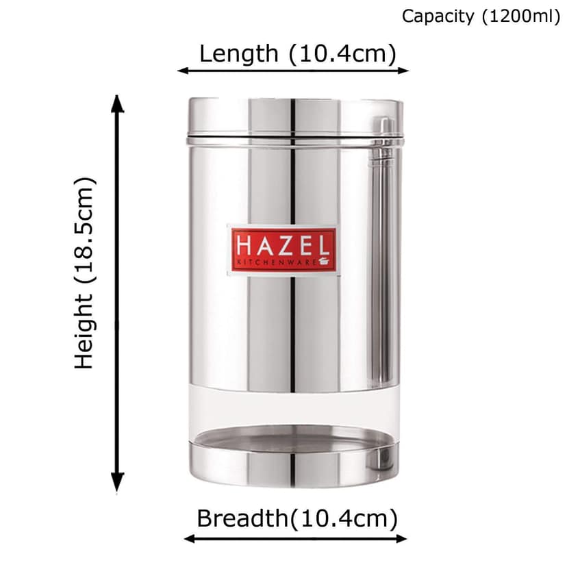 HAZEL Stainless Steel Kitchen Container, 1200 ml Each Transparent Kitchen Container Set with Glossy Finish , Multipurpose Airtight Container for Kitchen Storage organizer, Set of 6 view 3