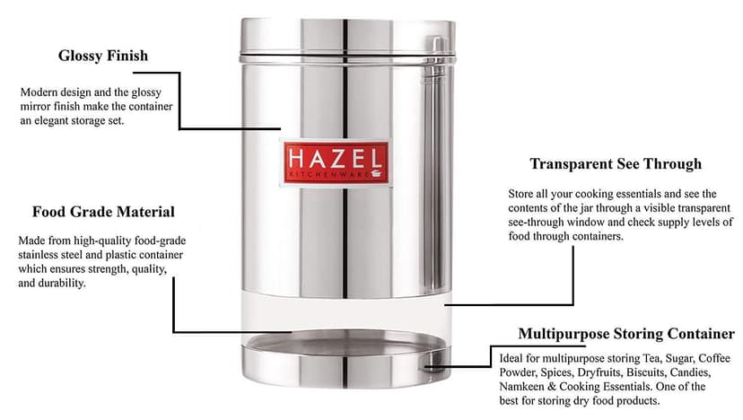 HAZEL Stainless Steel Kitchen Container, 1200 ml Each Transparent Kitchen Container Set with Glossy Finish , Multipurpose Airtight Container for Kitchen Storage organizer, Set of 6 view 4