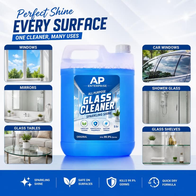 AP Enterprise Glass Cleaner 5 Litre | Multi Purpose Glass Cleaning Liquid | Streak Free Shine for Windows, Mirrors, Car Glass & Glass Tables view 2