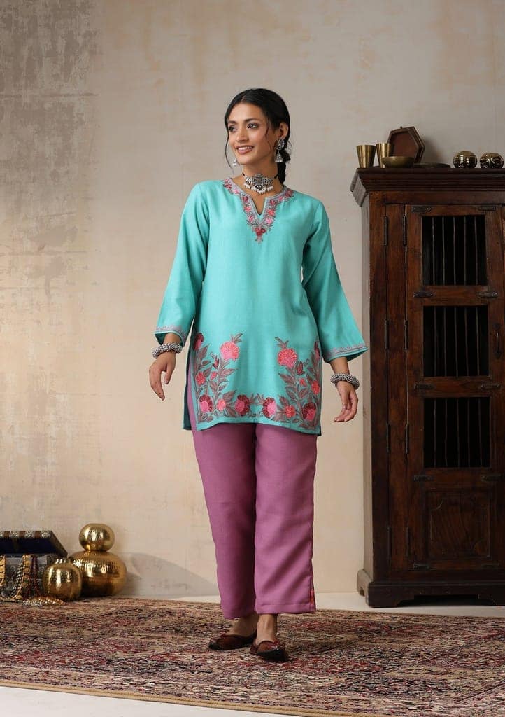 HOC Crafts Aari Embroidered Woollen Solid Women's Short Kurta - Turquoise Blue view 5