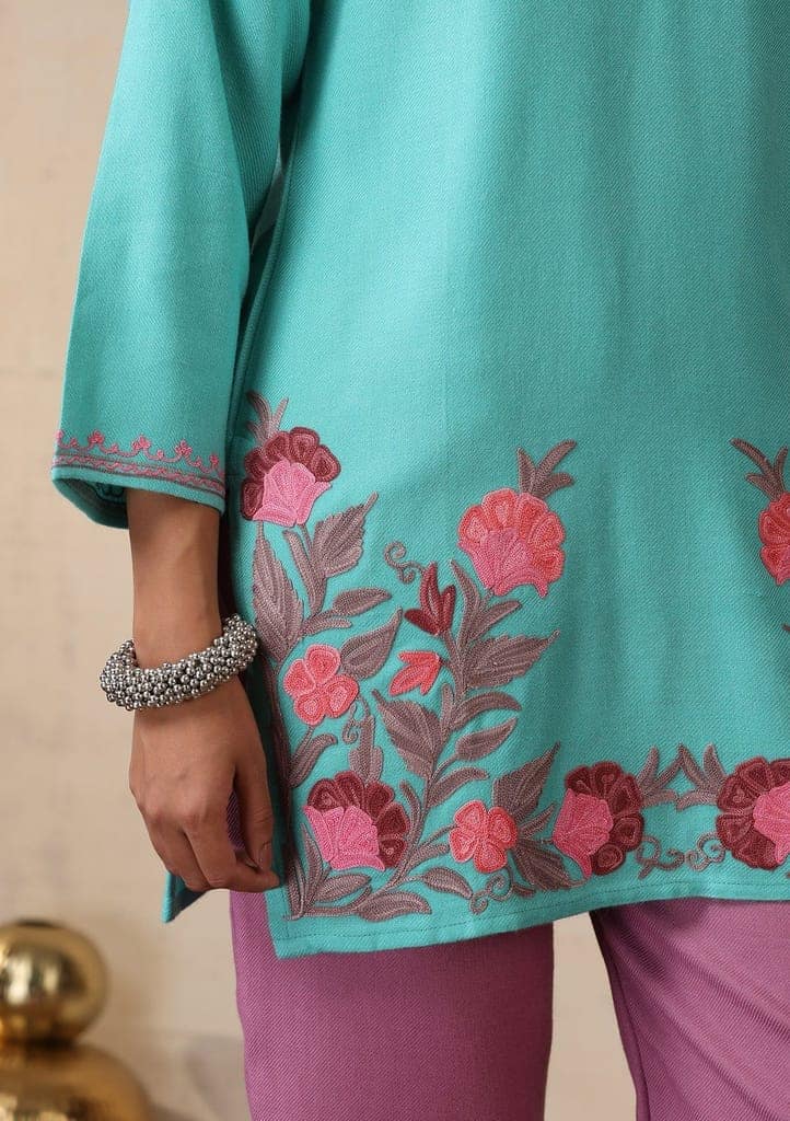 HOC Crafts Aari Embroidered Woollen Solid Women's Short Kurta - Turquoise Blue view 6
