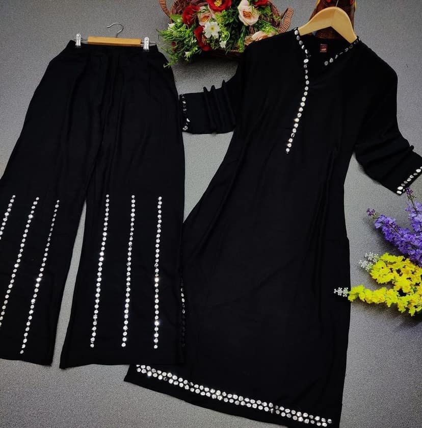 Buy & Try Women's Rayon Kurta Plazzo Set with Aari Work, Straight Kurti Set with Plazzo for Girls, Diwali, Festival Puja. view 4