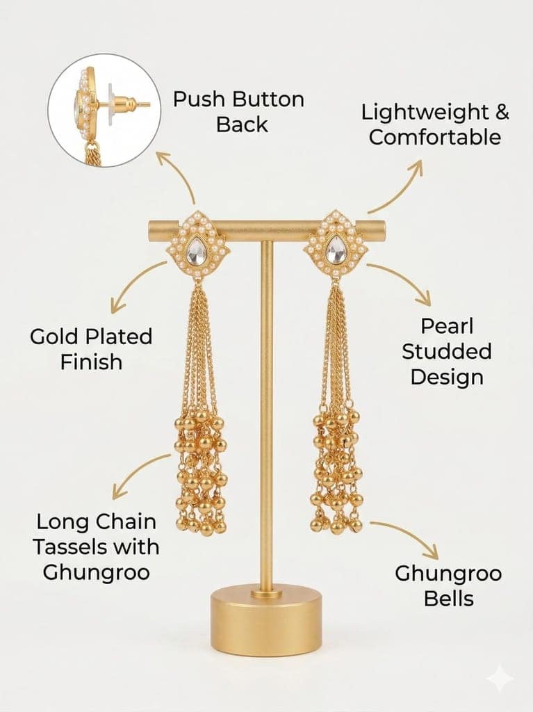 Gold Plated - Traditional Jhumka Earrings for Women | Antique Temple Design Long Dangler Earrings view 3