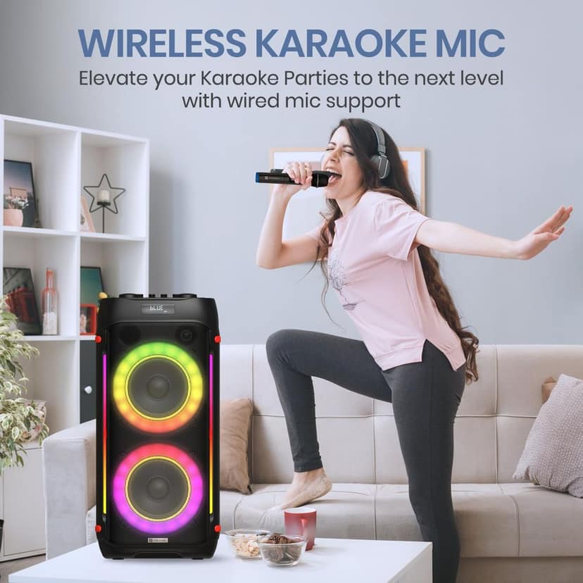 Portronics Iron Beats IV 250W Party Speaker with Dual 6" Subwoofer, Upto 4 Hours Playtime, RGB LED Lights, Wireless Karaoke Mic, Treble/Bass Adjustment, Echo Control, Remote Control(Black) view 2