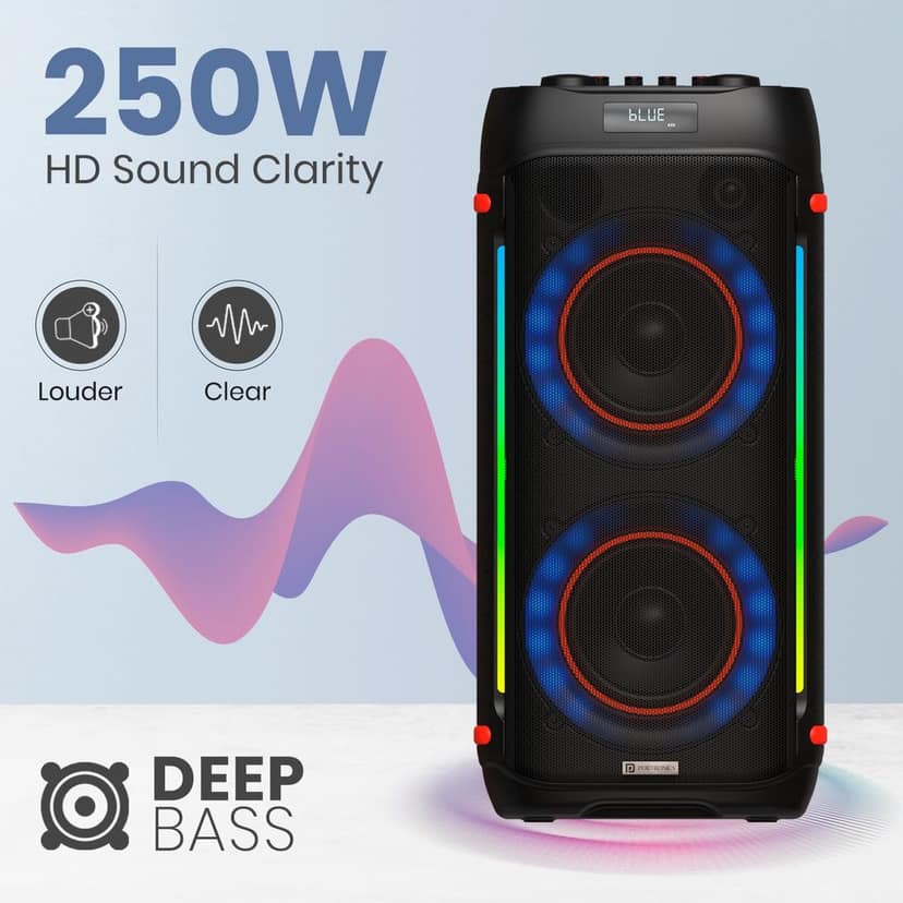 Portronics Iron Beats IV 250W Party Speaker with Dual 6" Subwoofer, Upto 4 Hours Playtime, RGB LED Lights, Wireless Karaoke Mic, Treble/Bass Adjustment, Echo Control, Remote Control(Black) view 3