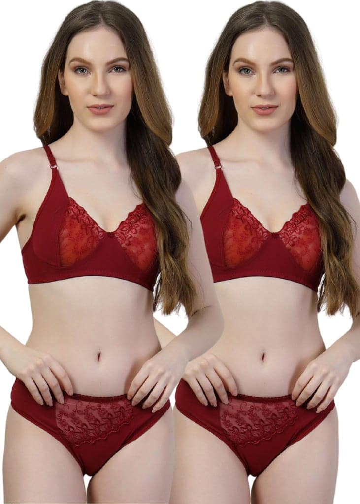 adornstar Women Cotton Lingerie Set with Solid Color Design | Non Wired and Non Padded Bra with Full Coverage Hipster Panty Set | Stylish and Soft Stretchable Fabric (Pack of 2)