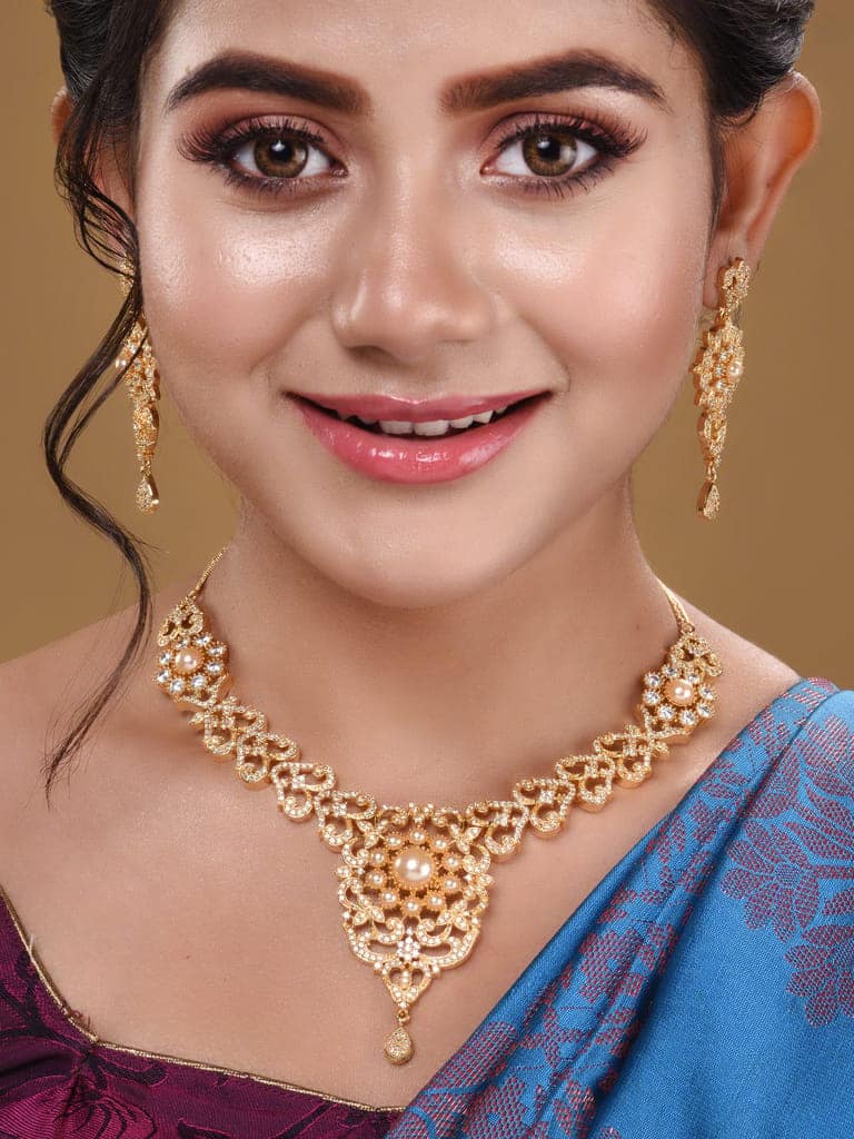 Gold Plated Designer Necklace Gold Pearl drops Earrings Set view 2