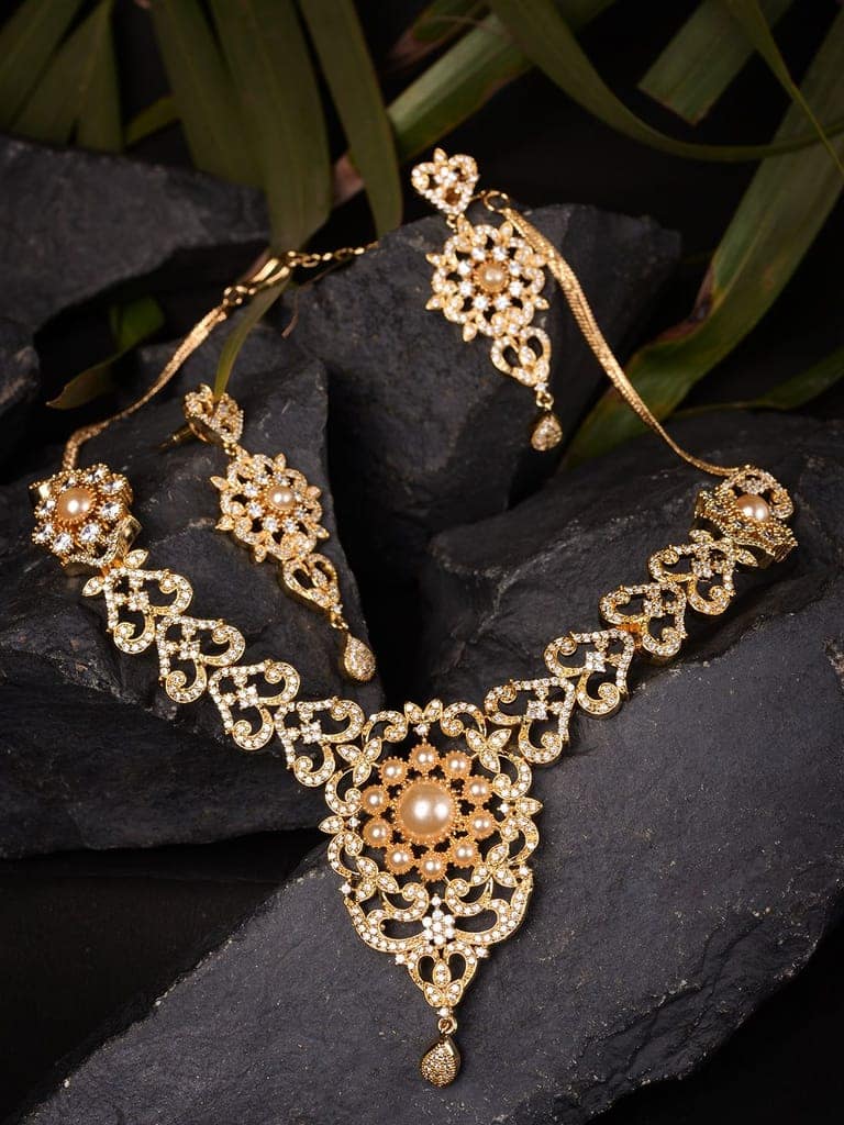 Gold Plated Designer Necklace Gold Pearl drops Earrings Set view 3