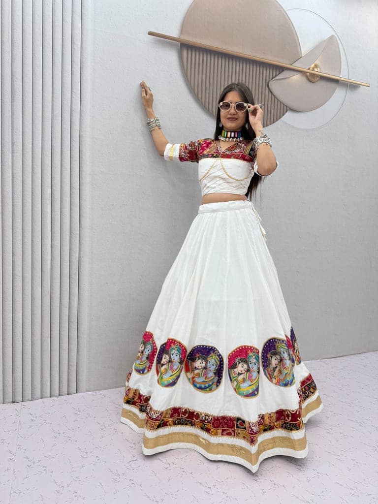 White Pure Cotton Radha Krishna Print Navratri Chaniya Choli Set – 6 Meter Big Flair Lehenga Choli with Dupatta for Garba & Dandiya Raas view 4