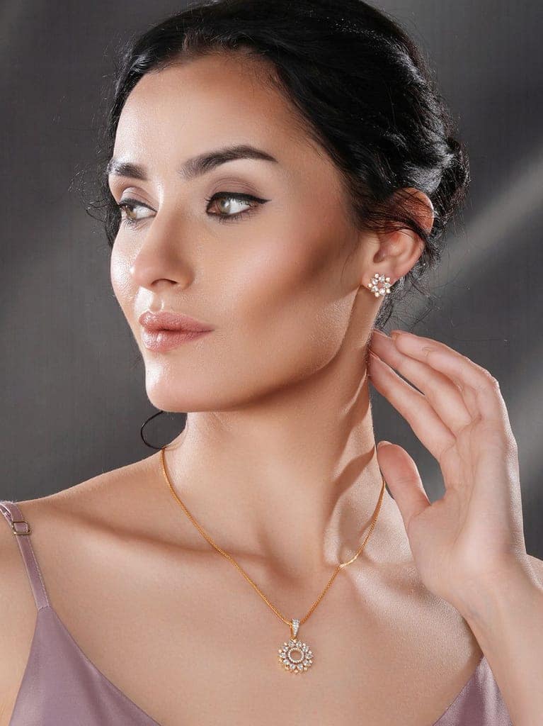 Gold Toned Cubic Zircon Studded Halo Designer Minimal Locket Pendant Jewellery Set view 2