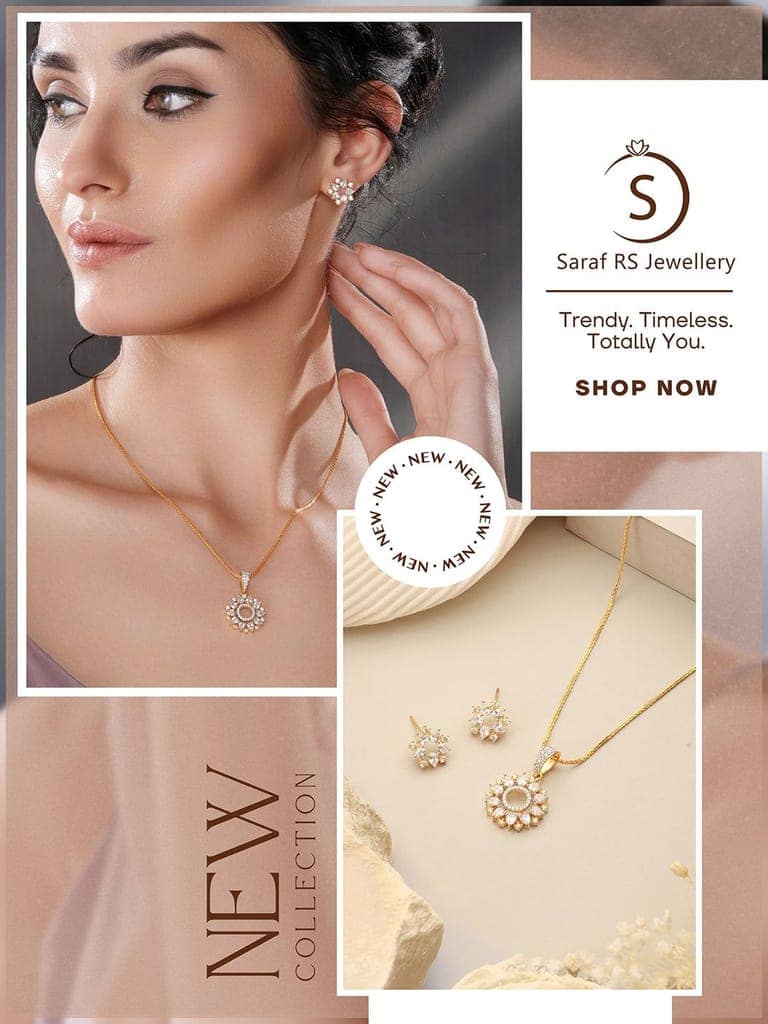 Gold Toned Cubic Zircon Studded Halo Designer Minimal Locket Pendant Jewellery Set view 4