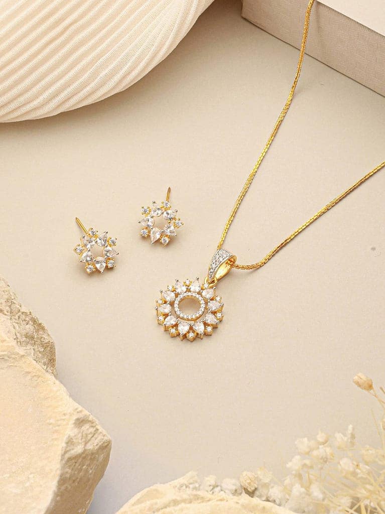 Gold Toned Cubic Zircon Studded Halo Designer Minimal Locket Pendant Jewellery Set view 5