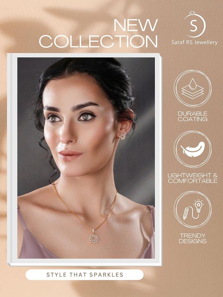 Gold Toned Cubic Zircon Studded Halo Designer Minimal Locket Pendant Jewellery Set view 9