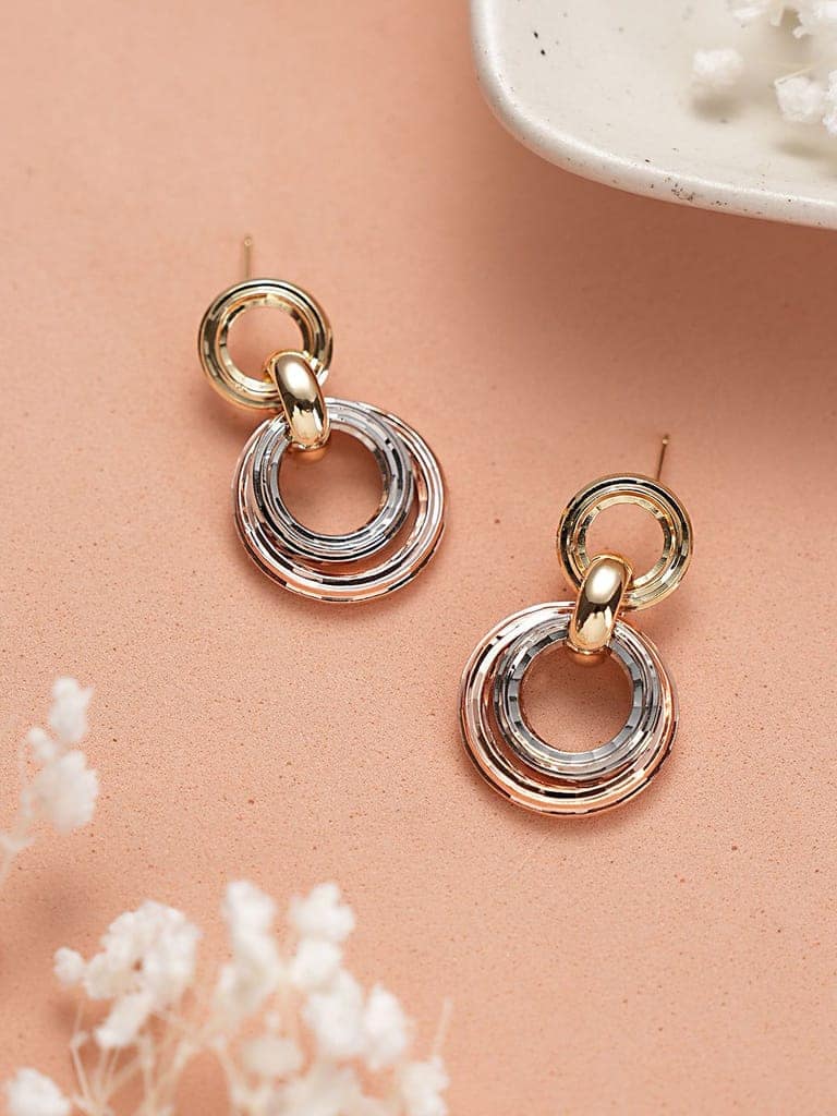 Anti-Tarnish Rose Gold 3 Toned Circular Hoops Drop Earrings view 3