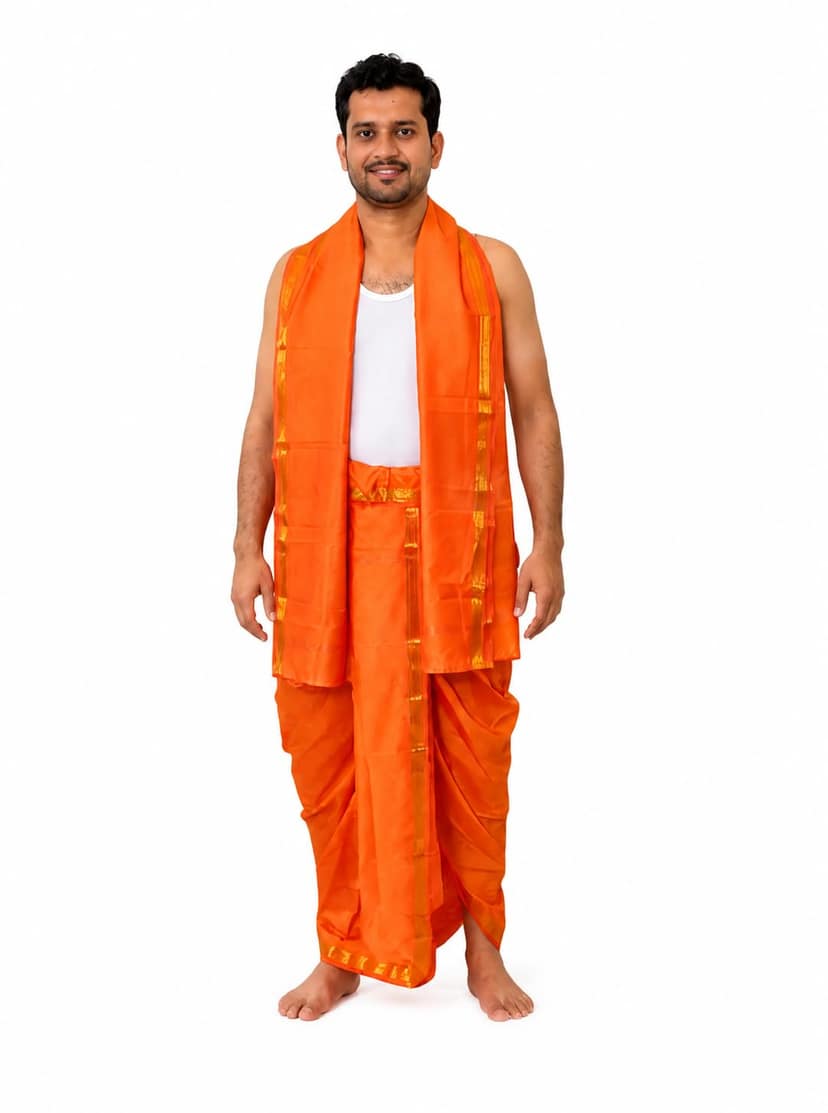 Mom and Me Men Free size Dhoti/Pancha/Dhotar Ready-to-Wear Indian Traditional Ethnic Comfortable soft Silk fabric Special for Weddings, Festivals, Ganpati and satyanarayan puja Quick wear (Yellow)