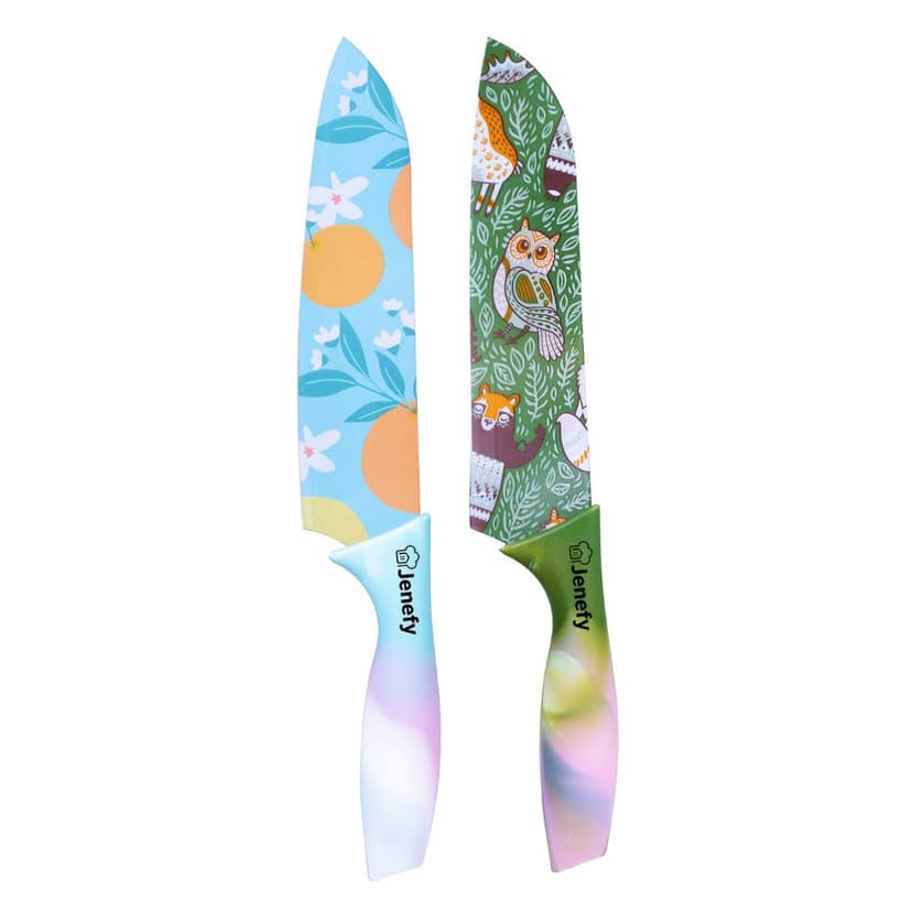 Jenefy Ultra Sharp Knife with prints of protective sheath Chef Knife Japanese Santoku Knife with Nonstick coating Non Slip Ergonomic Handle & Blade Cover High carbon Stainless Steel Blue & Green Combo