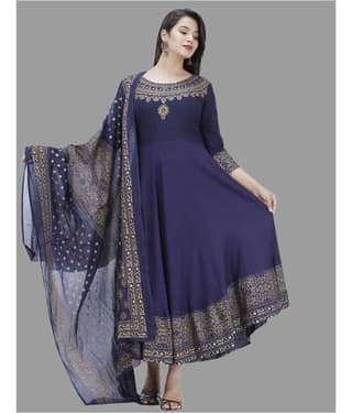 Smien Rayon Printed Anarkali Women's Kurti - Blue ( Pack of 1 )