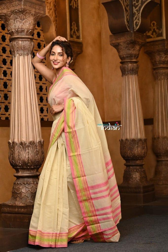 Parampara ~ Cotton Blend Saree in Regal Ivory with Exclusive Zari Border & Pallu view 2