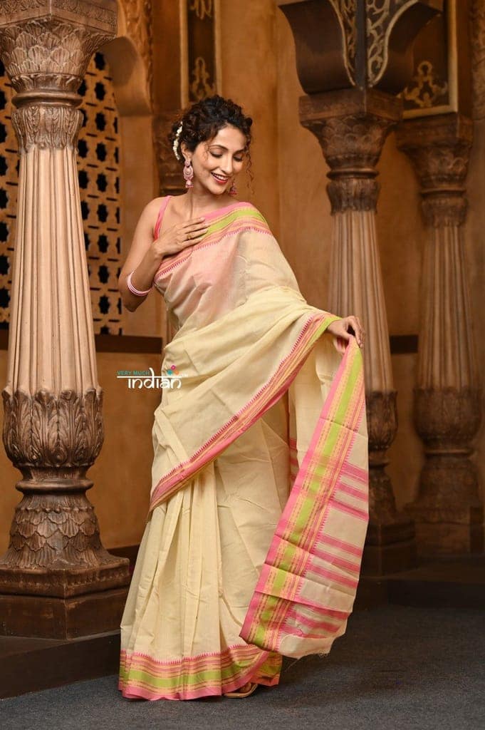 Parampara ~ Cotton Blend Saree in Regal Ivory with Exclusive Zari Border & Pallu view 4