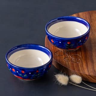 Blooming Plants Red & Blue Ceramic Katori Bowl / Portion Bowl Set of 2 (220 ML)