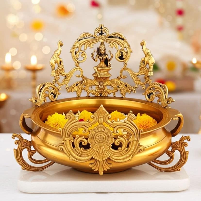 Brass Flower Urli with Laxmi Ji - Handcrafted Puja Decor, Diameter : 16.4 Inch (BSMAS1153 A)