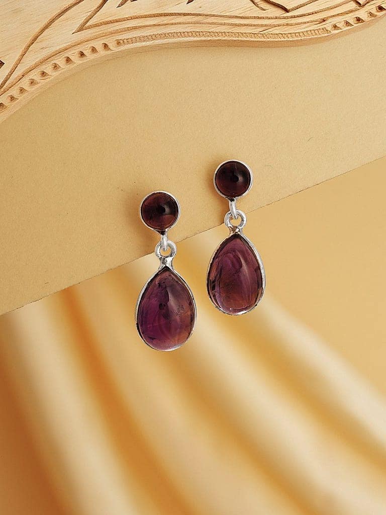 925 Sterling Silver Rhodium Natural Amethyst Gemstone Minimal Handcrafted Drop Earrings view 3