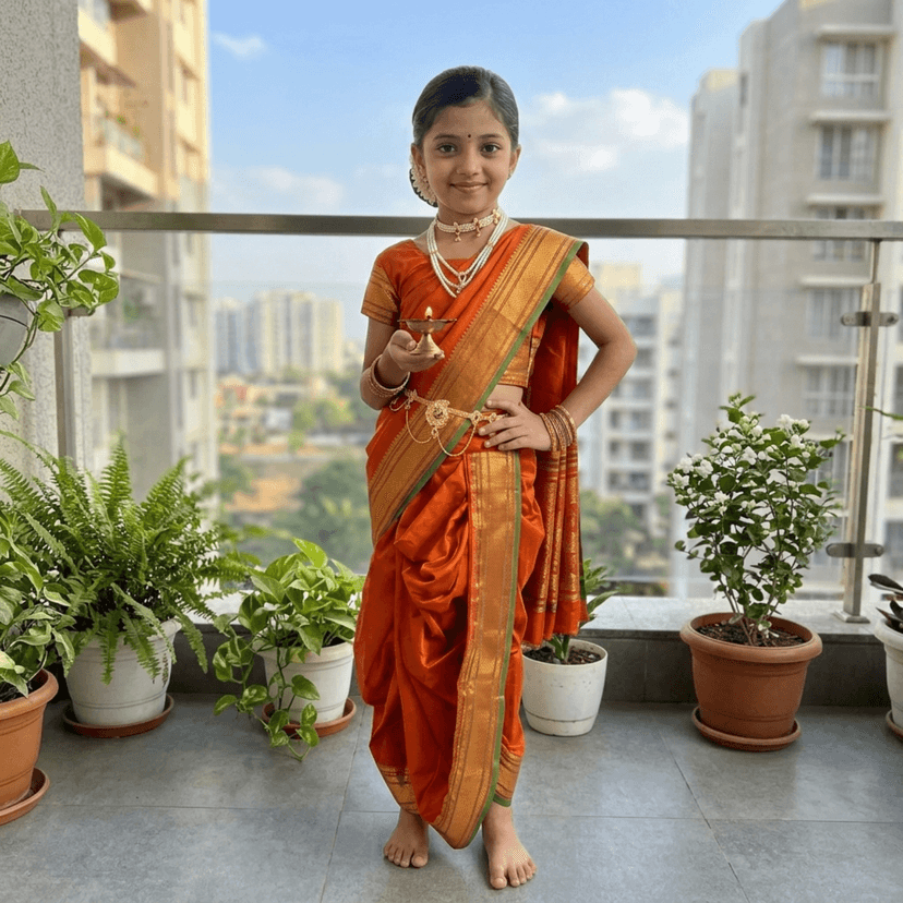 Mom and Me Peshwai Nauwari Saree for Kids (1–10 Years) Ready to Wear Maharashtrian Traditional Dress | Belgaon Silk with Cotton Lining | Stitched Blouse Included (Orange, 13-14 Years) view 3
