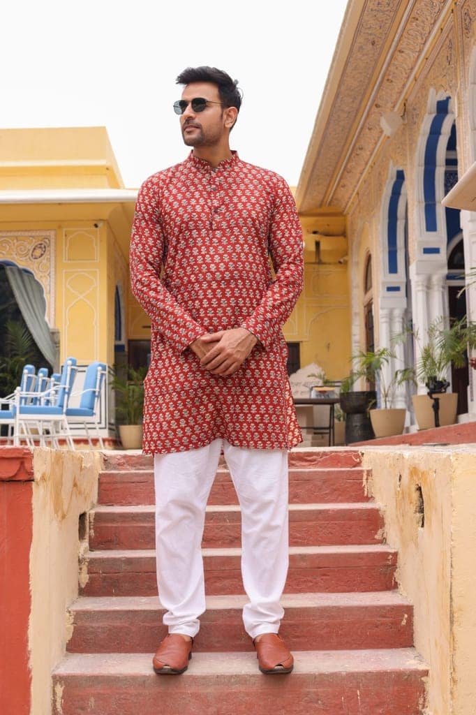 Cotton Designer Men'S Kurta Bagru Printed Hand Printed Red Color (Size: 38-44)-7304 view 2