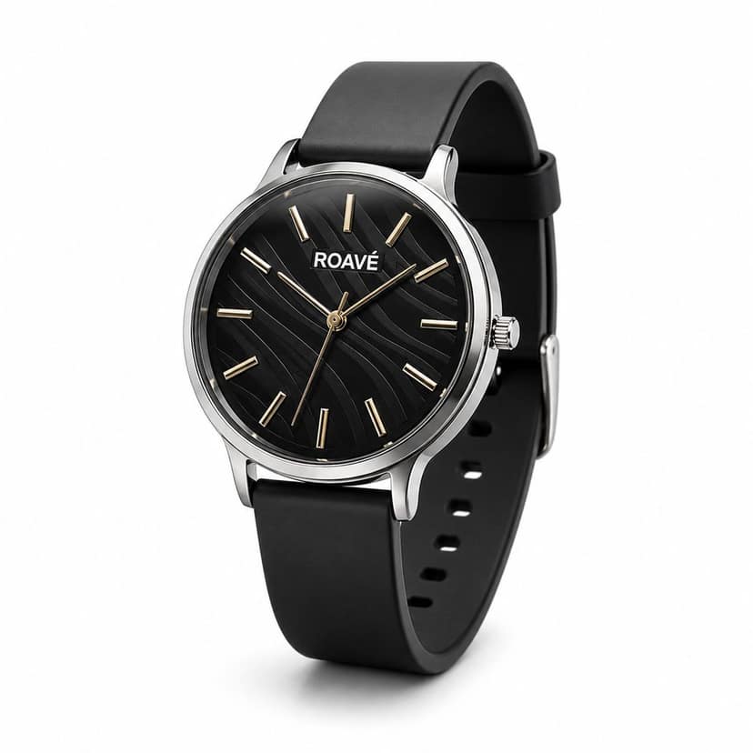 ROAVÉ Quartz Round Silicone Band Casual Analog Watch For Women With Buckle Clasp - Black