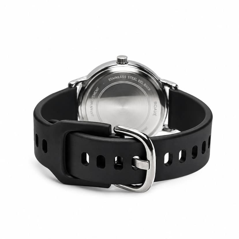 ROAVÉ Quartz Round Silicone Band Casual Analog Watch For Women With Buckle Clasp - Black view 4