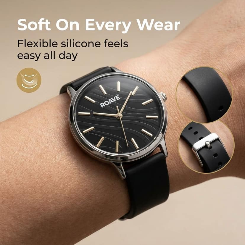 ROAVÉ Quartz Round Silicone Band Casual Analog Watch For Women With Buckle Clasp - Black view 6