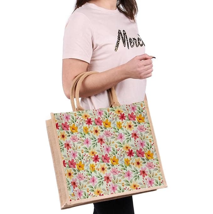 Sangra Floral Printed Jute Handbag with Lining (16 x 13 x 5 inch) view 3
