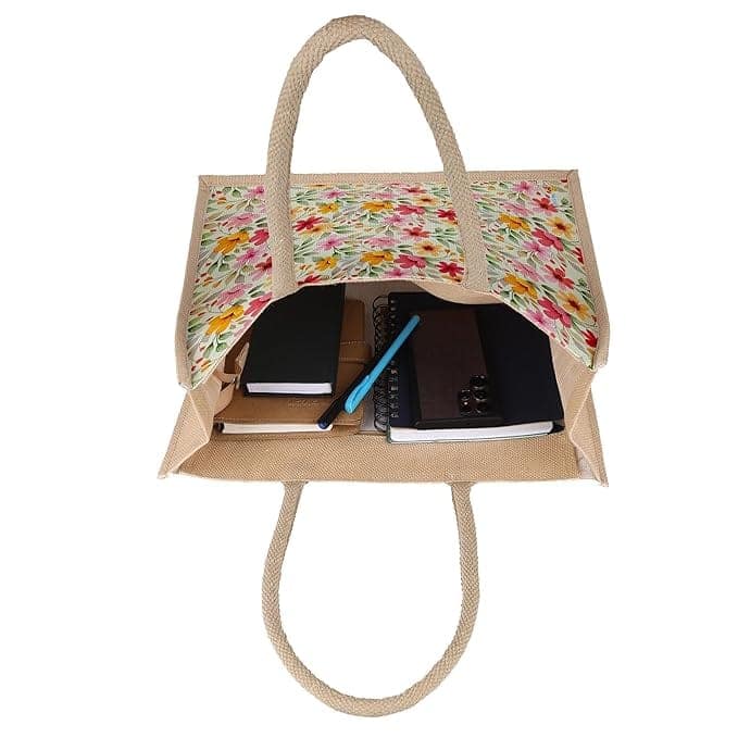 Sangra Floral Printed Jute Handbag with Lining (16 x 13 x 5 inch) view 4