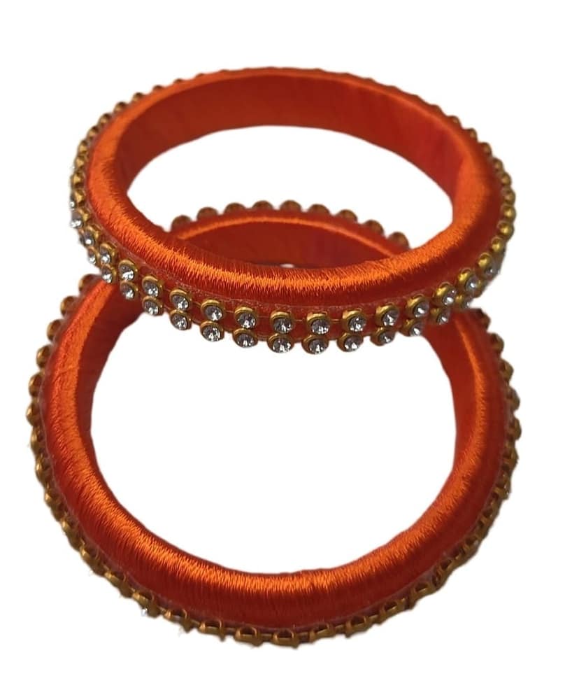 Orange Silk Thread Bangle Set with Stone Work for Women and Girls (Pack of 2) view 3