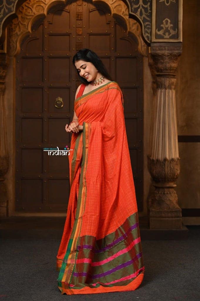 Parampara ~ Pure Cotton Saree in Regal Gleaming Orange with Exclusive Zari Border & Pallu view 3