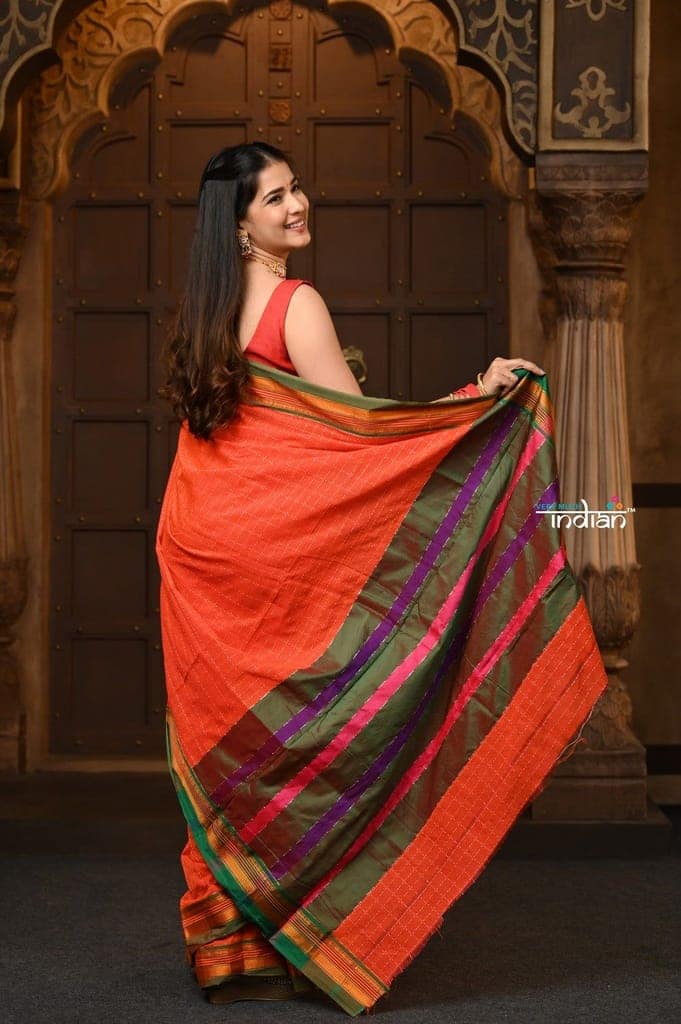 Parampara ~ Pure Cotton Saree in Regal Gleaming Orange with Exclusive Zari Border & Pallu view 4