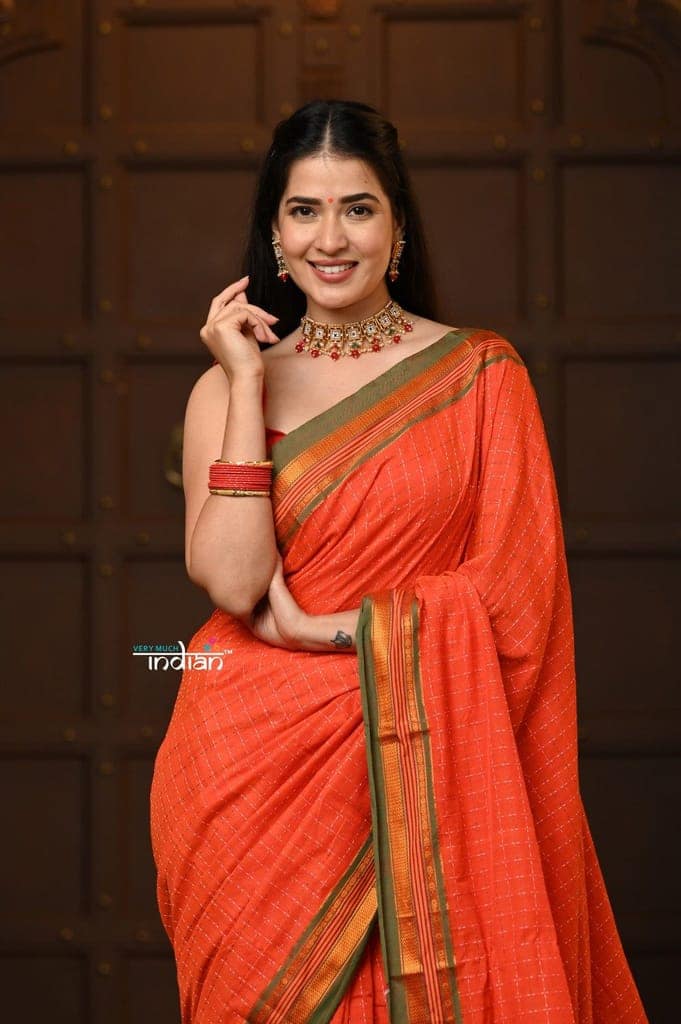 Parampara ~ Pure Cotton Saree in Regal Gleaming Orange with Exclusive Zari Border & Pallu view 5