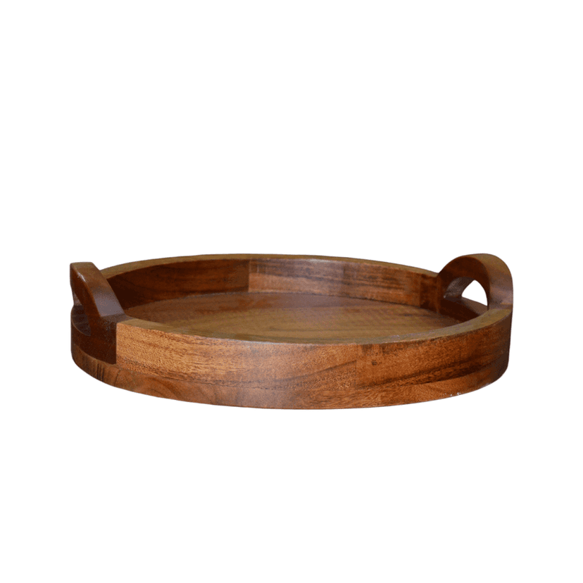 Nikhil Art Round Serving Tray, Wood Tray with Handles, Natural Wooden Tray/ Kitchen/Coffee Table view 2