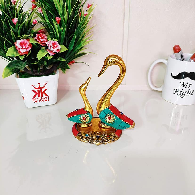 DreamKraft Metal Love Birds swan Set Pair of Kissing Duck Metal Statue, Standard, Gold view 2