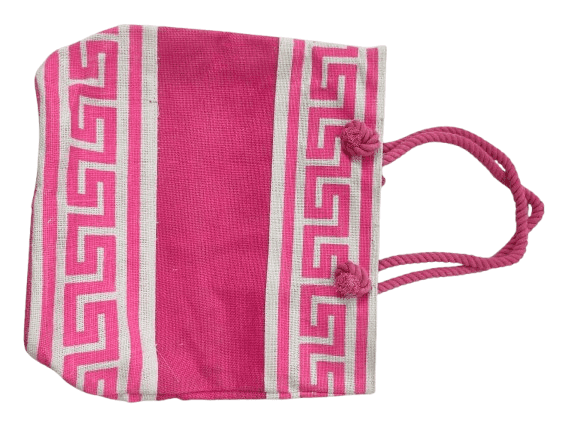 Pink and White Striped Tote Bag with Greek Key Design view 2