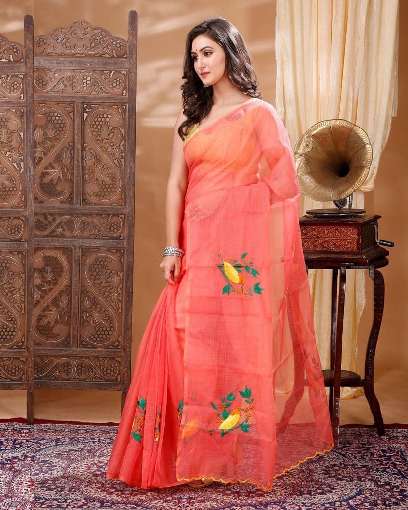 Kota Doria Embroidery Red Saree with blouse Handcrafted-4819 view 2